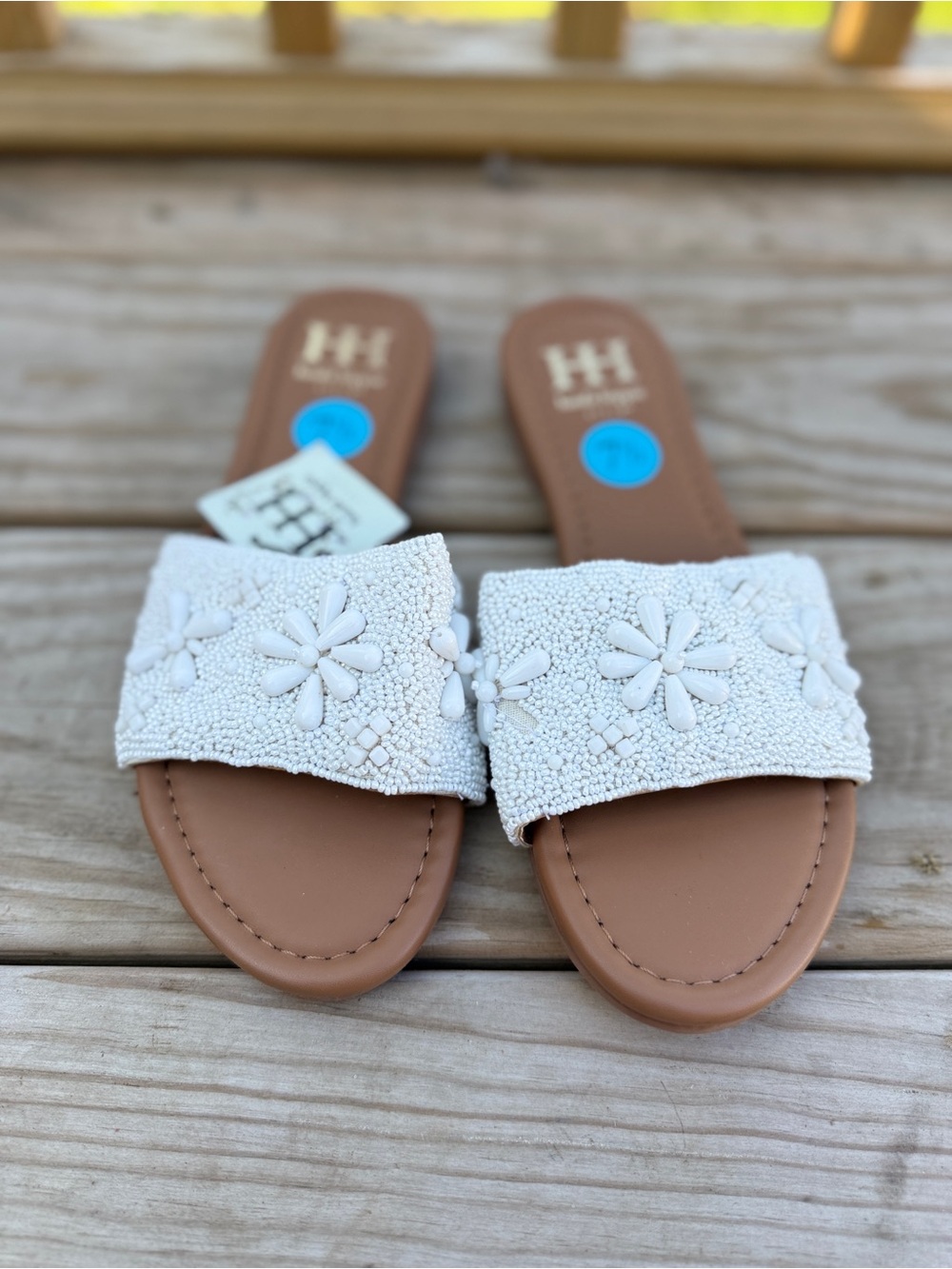 Haute Hippie White Beaded Floral Slide Sandals